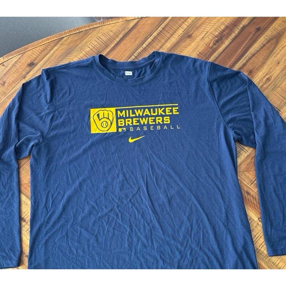 Nike Milwaukee Brewers MLB Long Sleeve Navy Blue Dri-Fit t-shirt XXL